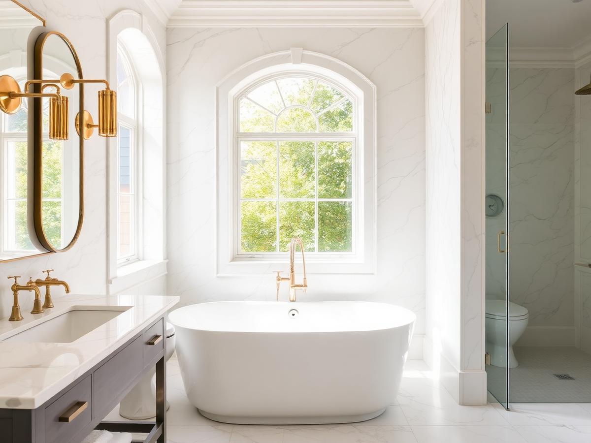 Renovated bathroom interior with marble tile, freestanding tub and brass fixtures