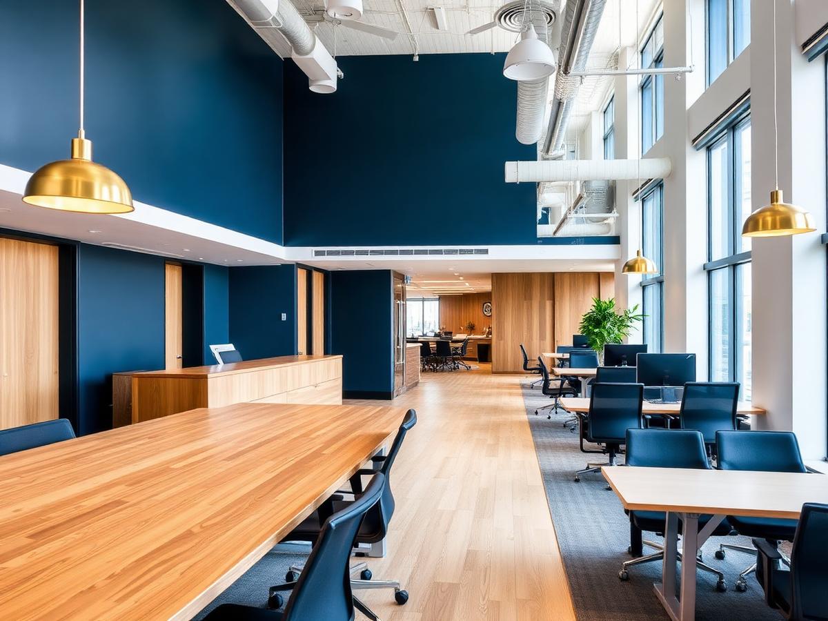 Commercial interior design of an open plan office with navy walls and brass pendants