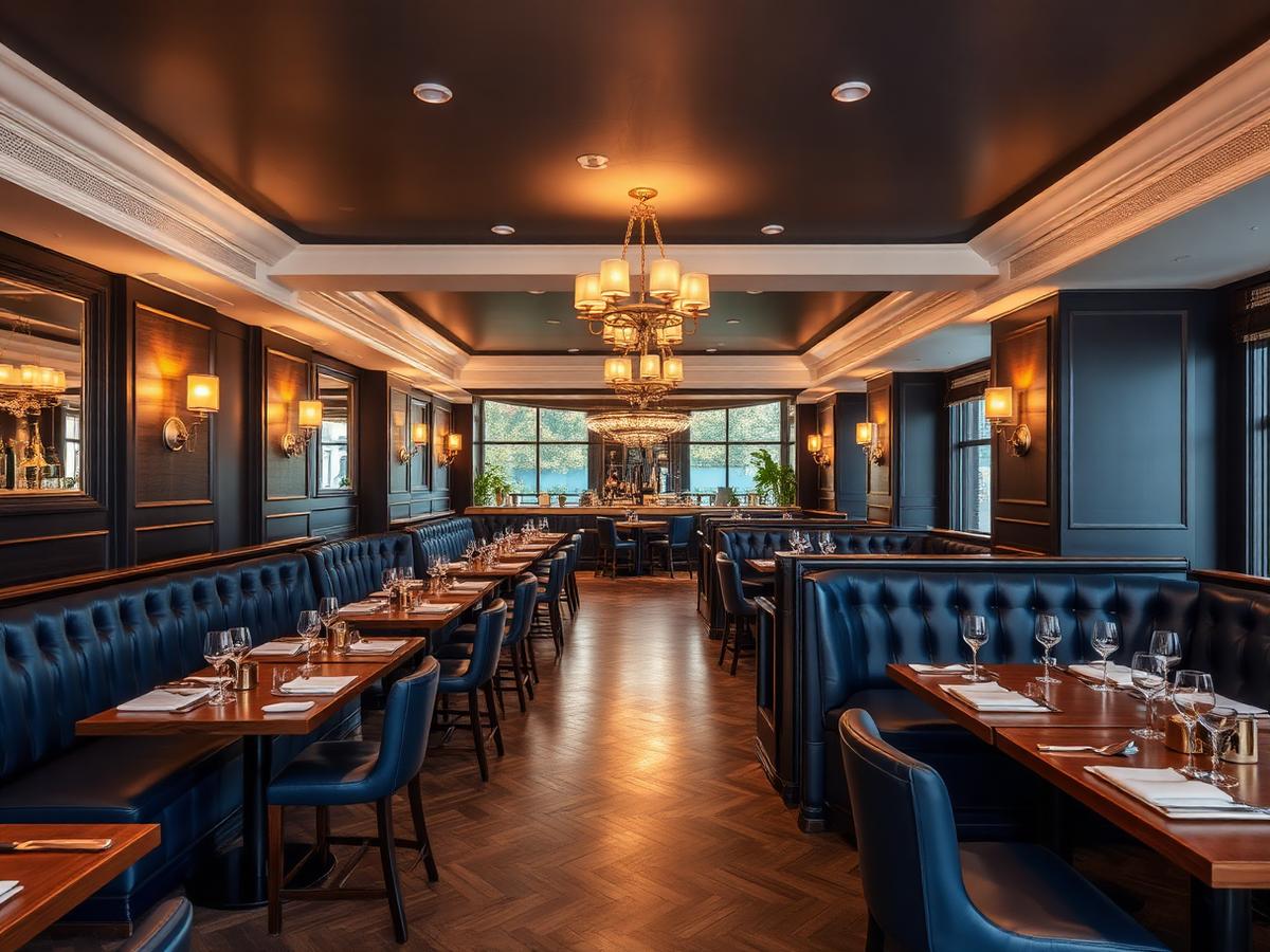 Restaurant interior design with navy banquettes, timber tables and warm brass lighting