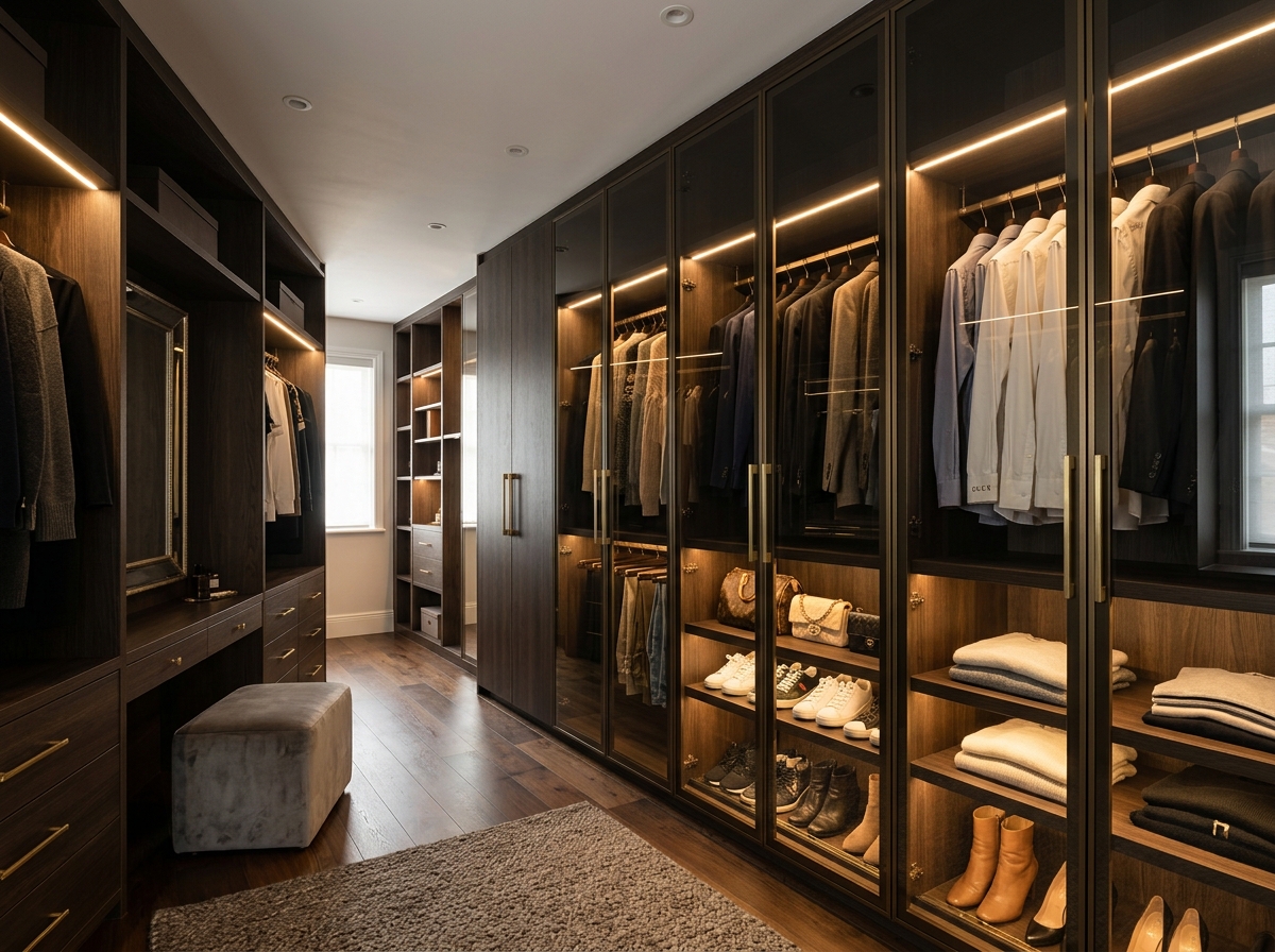 Luxury walk-in wardrobe with smoked glass doors, interior LED profiles, and dark wood joinery